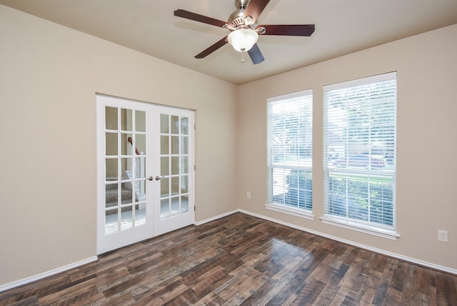 2803 Lakecrest Way Dr, Katy, TX 77493 - empty room with french doors, dark wood-type flooring, baseboards, and ceiling fan