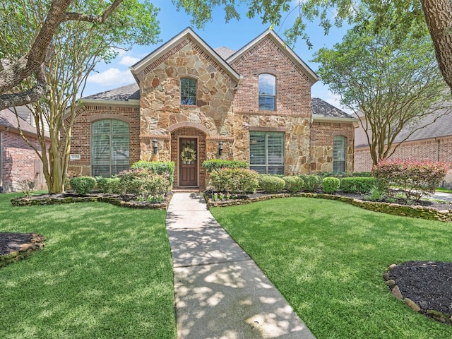 12118 Pinelands Park Ln, Humble, TX 77346 - french provincial home with stone siding, a front lawn, and brick siding