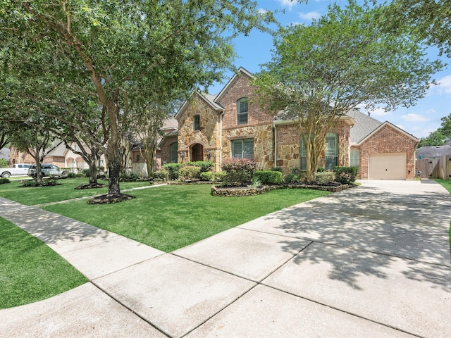 12118 Pinelands Park Ln, Humble, TX 77346 - view of front facade featuring a front lawn, driveway, brick siding, a garage, and stone siding