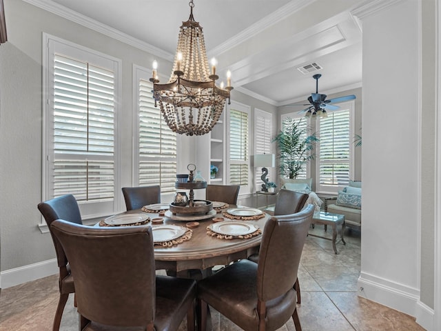 12118 Pinelands Park Ln, Humble, TX 77346 - dining room featuring a chandelier, ceiling fan, ornamental molding, and light tile patterned flooring