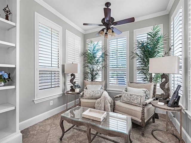 12118 Pinelands Park Ln, Humble, TX 77346 - living area with a ceiling fan, built in features, and ornamental molding