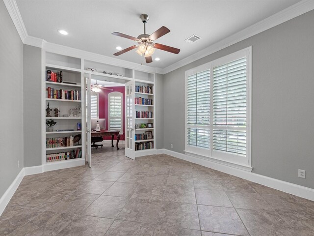 12118 Pinelands Park Ln, Humble, TX 77346 - tiled spare room featuring ornamental molding, ceiling fan, built in shelves, recessed lighting, and an office area