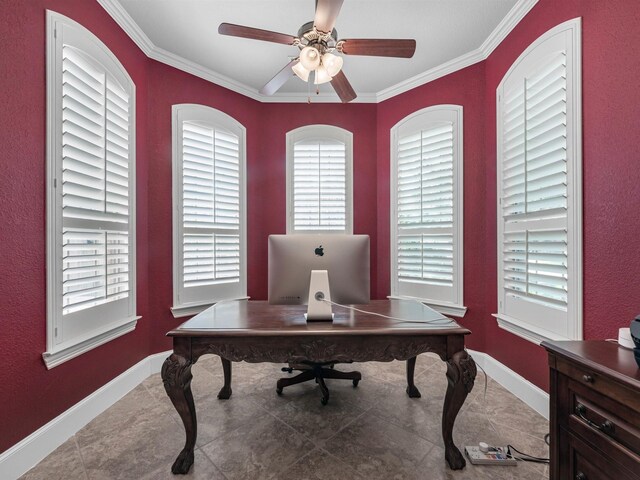 12118 Pinelands Park Ln, Humble, TX 77346 - office space with crown molding and a ceiling fan