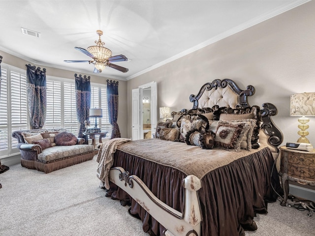 12118 Pinelands Park Ln, Humble, TX 77346 - bedroom with carpet flooring, ornamental molding, ensuite bath, and ceiling fan