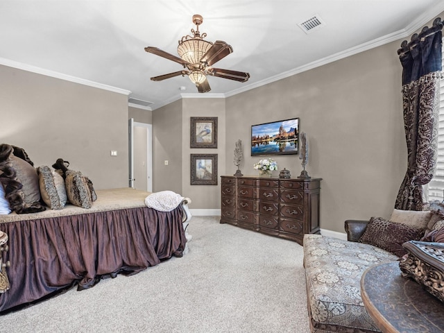12118 Pinelands Park Ln, Humble, TX 77346 - bedroom with carpet floors, ornamental molding, and a ceiling fan