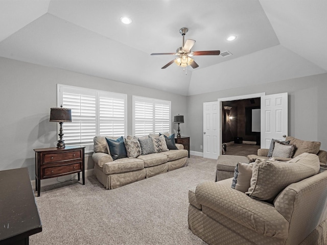 12118 Pinelands Park Ln, Humble, TX 77346 - living area featuring a ceiling fan, carpet floors, vaulted ceiling, recessed lighting, and a raised ceiling