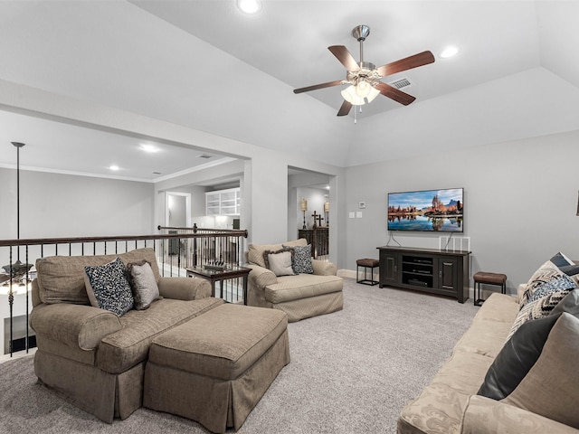 12118 Pinelands Park Ln, Humble, TX 77346 - carpeted living room featuring ceiling fan and recessed lighting
