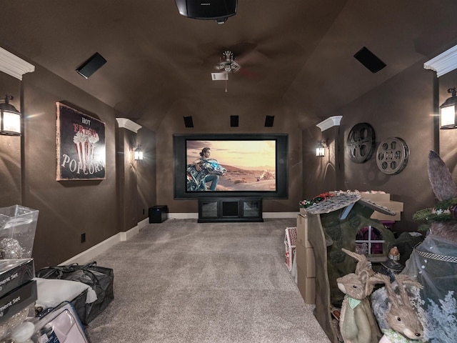 12118 Pinelands Park Ln, Humble, TX 77346 - carpeted home theater room with a ceiling fan and lofted ceiling