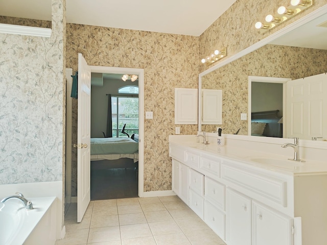 2631 Misty Grove Dr, Manvel, TX 77578 - full bathroom featuring ensuite bathroom, double vanity, tile patterned flooring, a garden tub, and wallpapered walls