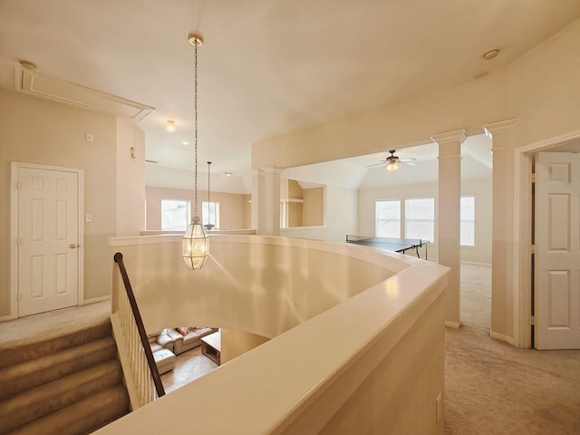 2631 Misty Grove Dr, Manvel, TX 77578 - hall featuring light carpet, attic access, ornate columns, and baseboards