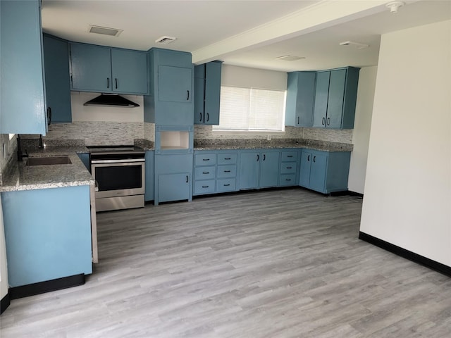 5814 Fontenelle Dr, Houston, TX 77035 - kitchen with electric stove, under cabinet range hood, a sink, light wood-type flooring, and blue cabinets