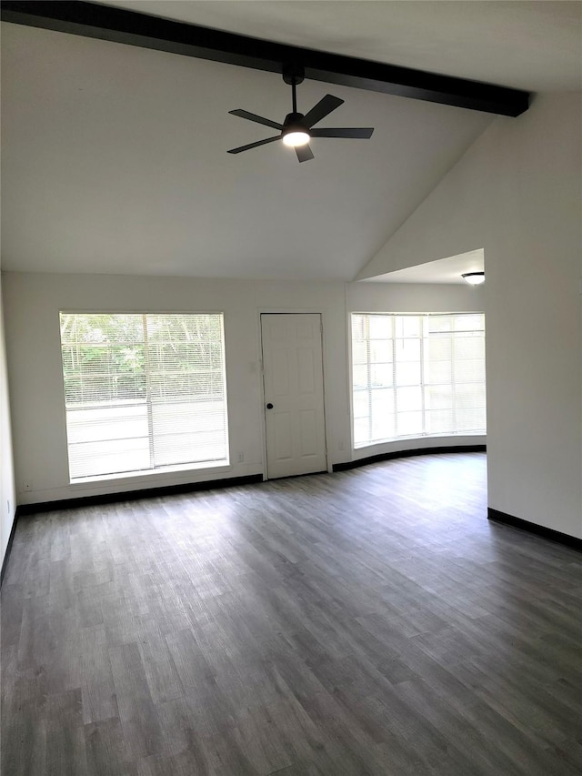 5814 Fontenelle Dr, Houston, TX 77035 - unfurnished living room featuring a ceiling fan, high vaulted ceiling, beamed ceiling, baseboards, and dark wood finished floors