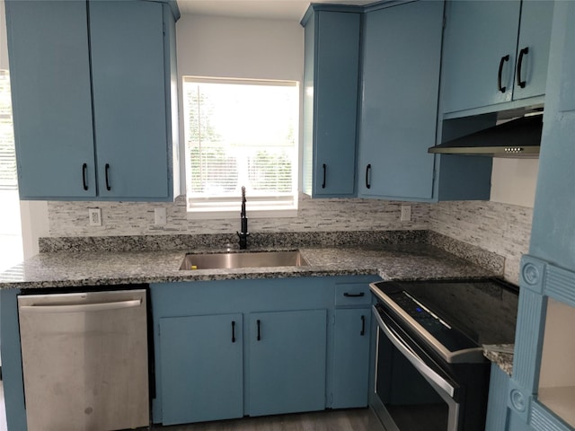 5814 Fontenelle Dr, Houston, TX 77035 - kitchen featuring stainless steel dishwasher, blue cabinets, range with electric stovetop, and under cabinet range hood