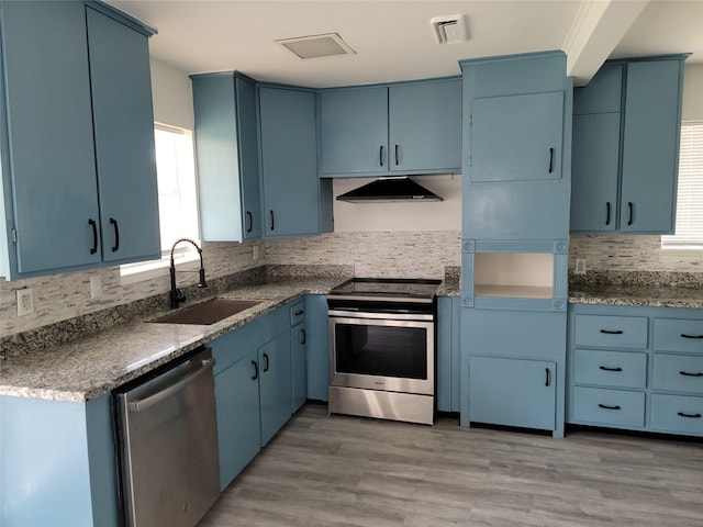 5814 Fontenelle Dr, Houston, TX 77035 - kitchen with appliances with stainless steel finishes, a sink, under cabinet range hood, and blue cabinets