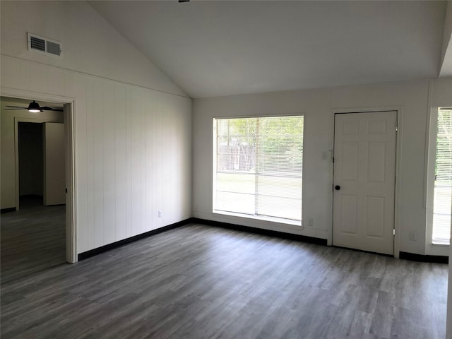 5814 Fontenelle Dr, Houston, TX 77035 - unfurnished room with lofted ceiling, wood finished floors, baseboards, and ceiling fan