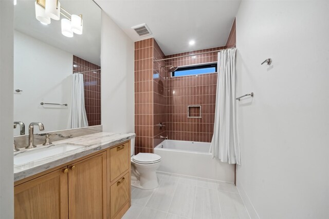 3111 Eastman St, Houston, TX 77022 - bathroom with vanity, toilet, shower / bath combination with curtain, and tile patterned floors
