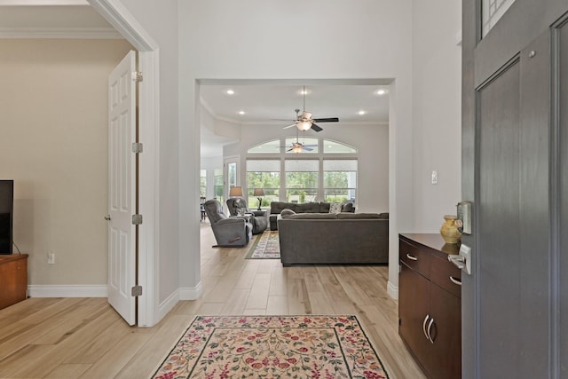 17772 W Terrace Oaks, Waller, TX 77484 - entryway featuring a ceiling fan, light wood-style flooring, crown molding, baseboards, and recessed lighting