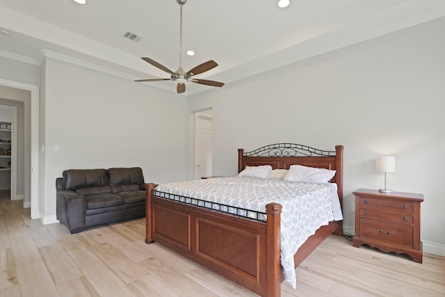 17772 W Terrace Oaks, Waller, TX 77484 - bedroom featuring recessed lighting, ornamental molding, light wood-type flooring, a ceiling fan, and baseboards