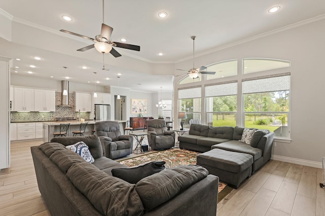 17772 W Terrace Oaks, Waller, TX 77484 - living room featuring ceiling fan, light wood-style floors, recessed lighting, crown molding, and baseboards