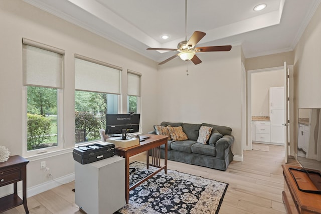 17772 W Terrace Oaks, Waller, TX 77484 - office space featuring a raised ceiling, ceiling fan, crown molding, light wood-style floors, and recessed lighting