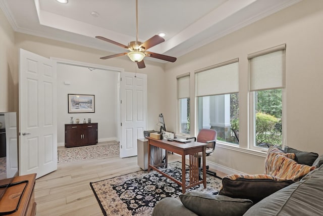 17772 W Terrace Oaks, Waller, TX 77484 - office featuring ceiling fan, a tray ceiling, crown molding, light wood-style floors, and recessed lighting
