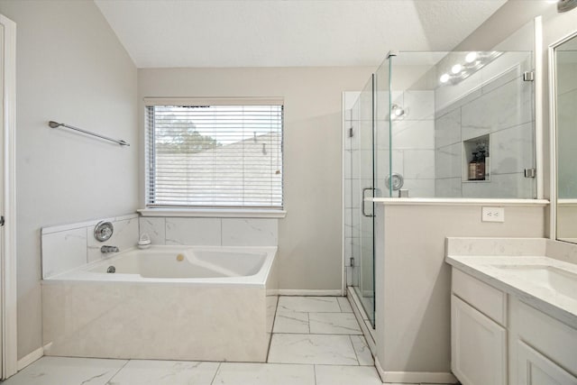 21326 Wildcroft Dr, Katy, TX 77449 - bathroom with marble look tiles, vanity, a garden tub, a stall shower, and baseboards