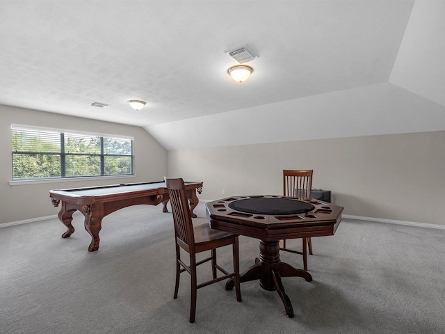 14402 Cottage Timbers Ln, Houston, TX 77044 - rec room with carpet flooring, lofted ceiling, baseboards, and billiards
