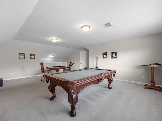 14402 Cottage Timbers Ln, Houston, TX 77044 - recreation room with carpet floors, lofted ceiling, pool table, and baseboards