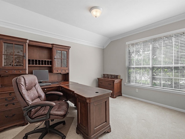 14402 Cottage Timbers Ln, Houston, TX 77044 - office area featuring ornamental molding, vaulted ceiling, baseboards, and light colored carpet