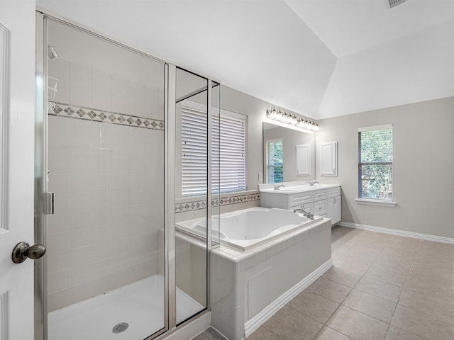 14402 Cottage Timbers Ln, Houston, TX 77044 - full bathroom featuring vanity, a shower stall, a jetted tub, tile patterned floors, and lofted ceiling