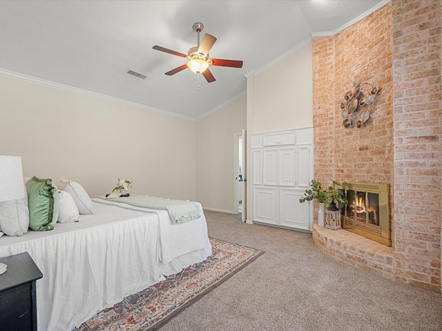 1735 Hodge Lake Ln, Sugar Land, TX 77478 - carpeted bedroom with vaulted ceiling, a brick fireplace, crown molding, a ceiling fan, and baseboards