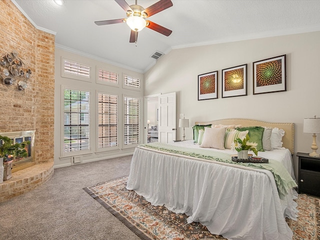 1735 Hodge Lake Ln, Sugar Land, TX 77478 - bedroom featuring carpet, crown molding, vaulted ceiling, and a ceiling fan