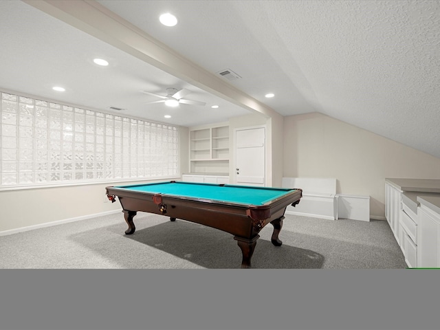 1735 Hodge Lake Ln, Sugar Land, TX 77478 - playroom featuring carpet flooring, billiards table, a ceiling fan, recessed lighting, and a textured ceiling