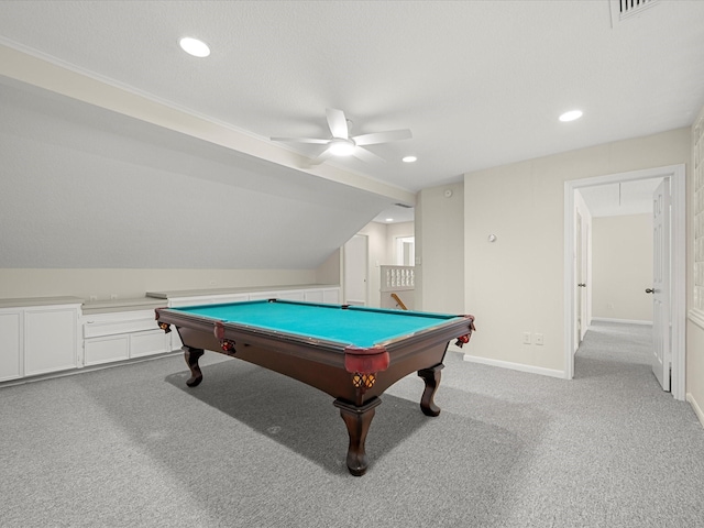 1735 Hodge Lake Ln, Sugar Land, TX 77478 - recreation room featuring ceiling fan, light colored carpet, baseboards, recessed lighting, and vaulted ceiling