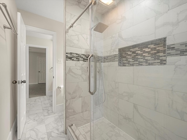1735 Hodge Lake Ln, Sugar Land, TX 77478 - full bathroom with a stall shower, marble finish flooring, and baseboards