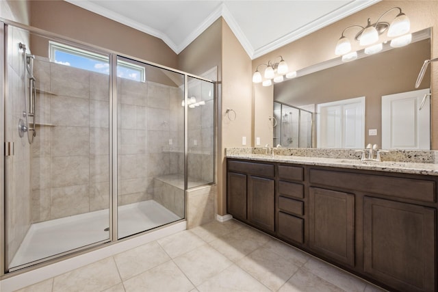 18934 Sorrento Point Dr, New Caney, TX 77357 - full bath featuring ornamental molding, a shower stall, double vanity, and tile patterned flooring