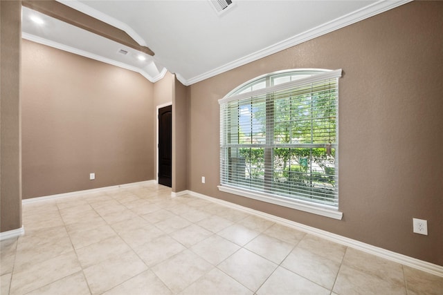 18934 Sorrento Point Dr, New Caney, TX 77357 - tiled spare room with ornamental molding, lofted ceiling, and baseboards