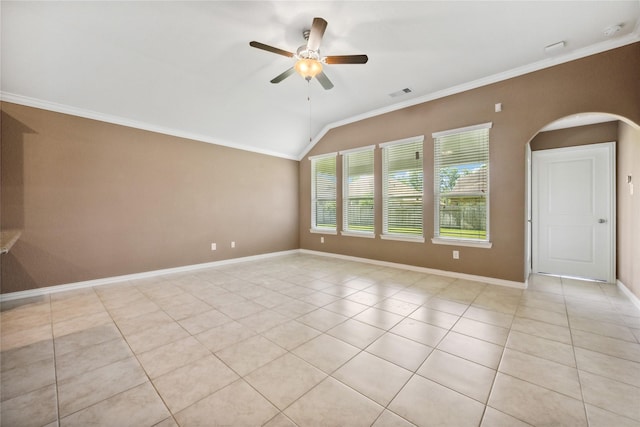 18934 Sorrento Point Dr, New Caney, TX 77357 - unfurnished room with crown molding, light tile patterned floors, vaulted ceiling, a ceiling fan, and baseboards