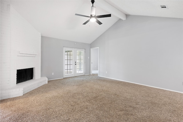 2314 Peaceful Valley Dr, Spring, TX 77373 - unfurnished living room featuring ceiling fan, carpet, high vaulted ceiling, beamed ceiling, and baseboards
