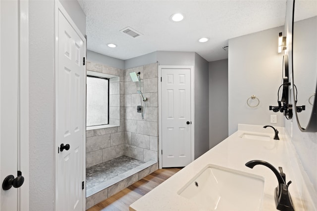 2314 Peaceful Valley Dr, Spring, TX 77373 - bathroom with a tile shower, double vanity, a closet, wood finished floors, and a textured ceiling