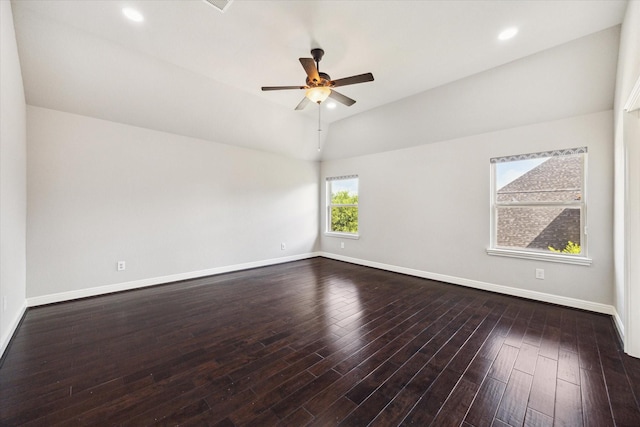 10306 Grape Creek Grove Ln, Cypress, TX 77433 - unfurnished room featuring a ceiling fan, baseboards, dark wood finished floors, and vaulted ceiling