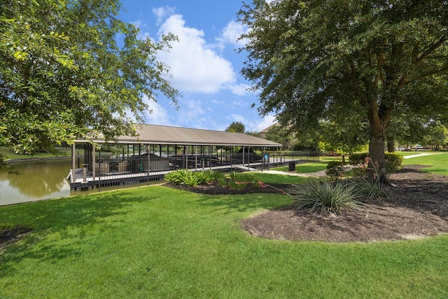 10306 Grape Creek Grove Ln, Cypress, TX 77433 - view of home's community featuring boat lift, a boat dock, a yard, and a water view