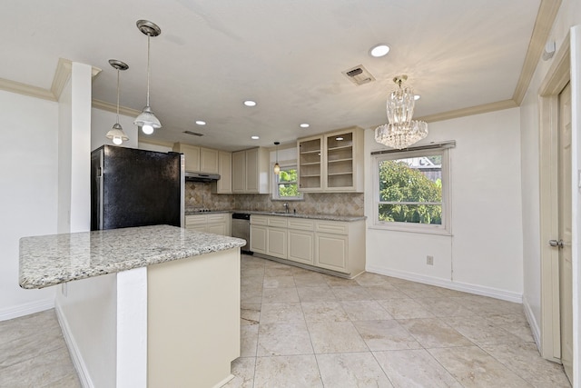 8007 Twin Hills Dr, Houston, TX 77071 - kitchen with freestanding refrigerator, ornamental molding, stainless steel dishwasher, a sink, and under cabinet range hood