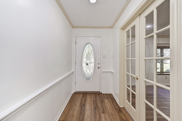 8007 Twin Hills Dr, Houston, TX 77071 - doorway with french doors, dark wood-style flooring, ornamental molding, and baseboards