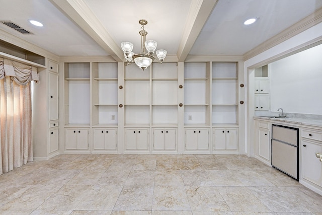 8007 Twin Hills Dr, Houston, TX 77071 - unfurnished dining area featuring a chandelier, beamed ceiling, a sink, and built in features