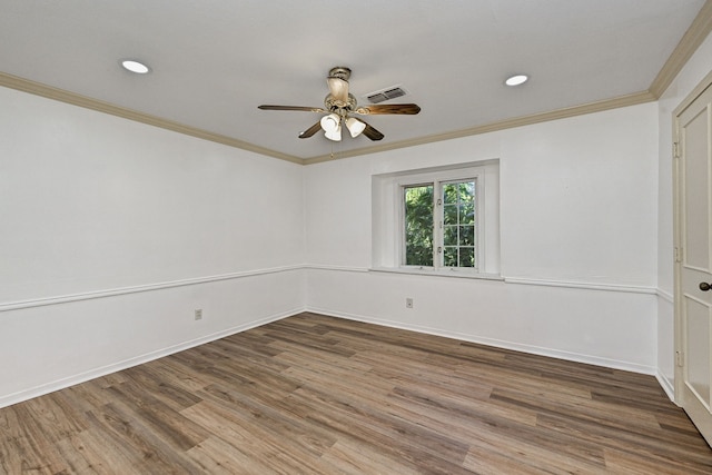 8007 Twin Hills Dr, Houston, TX 77071 - empty room featuring ornamental molding, ceiling fan, wood finished floors, recessed lighting, and baseboards