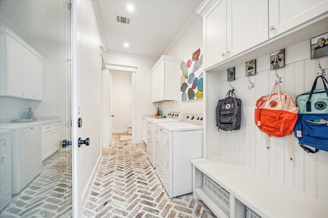 1336 Tulane St, Houston, TX 77008 - mudroom featuring independent washer and dryer, brick floors, recessed lighting, and ornamental molding
