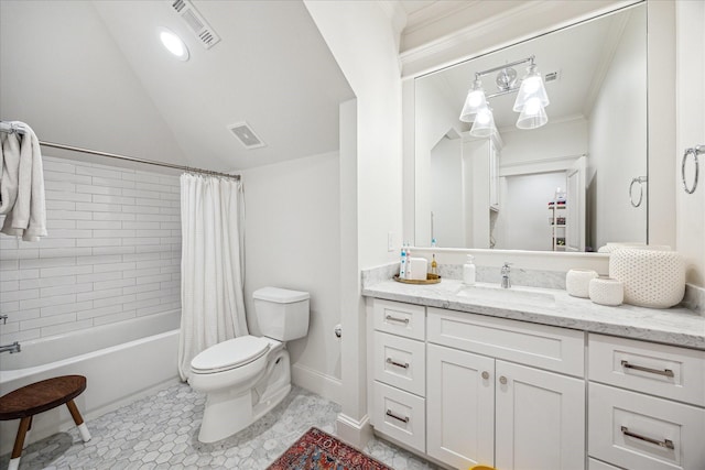 1336 Tulane St, Houston, TX 77008 - bathroom with vanity, toilet, lofted ceiling, shower / bath combination with curtain, and tile patterned flooring