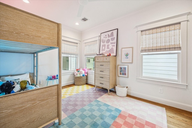 1336 Tulane St, Houston, TX 77008 - bedroom with baseboards, ornamental molding, recessed lighting, and ceiling fan