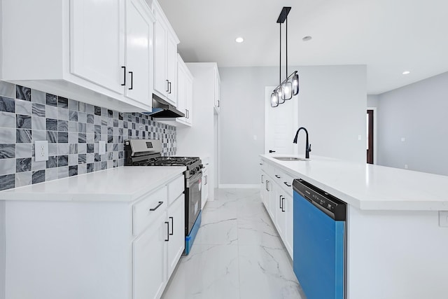90 Burres St Unit B, Houston, TX 77022 - kitchen featuring dishwashing machine, stainless steel range with gas cooktop, a sink, under cabinet range hood, and light marble finish floors